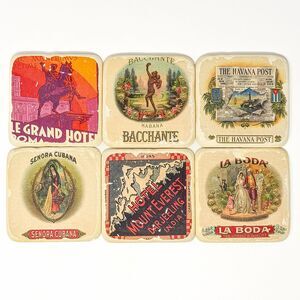 Vintage Stoneware Coaster Set Travel Cigar Label Style Havana Rome Darjeeling